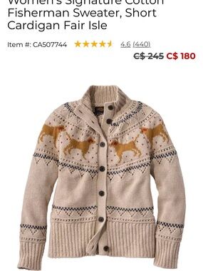 NWT Sold Out LL Bean Cream Fair Isle River Dog Button-Front Cardigan Jacket M